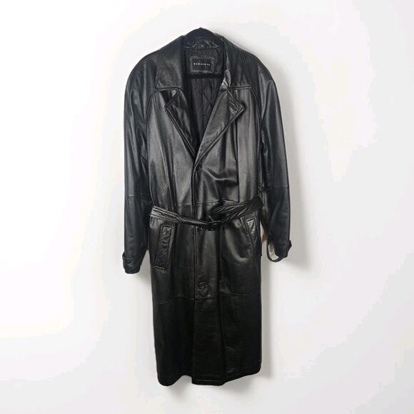 Vtg Baracuta Trench Coat Black Leather Collared Double Breasted Belt Lined Large - Picture 1 of 16